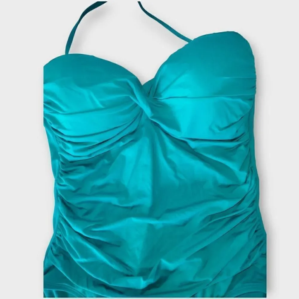 ANA Womens Swimsuit Sz 14 One Piece Turquoise Bra Support Ruched Torso High Legs